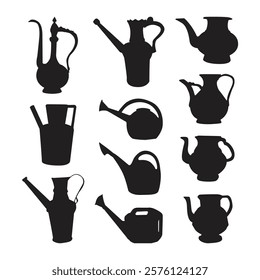 Set of Traditional Plastic Toilet Wash Jug Lota Black Silhouette illustration