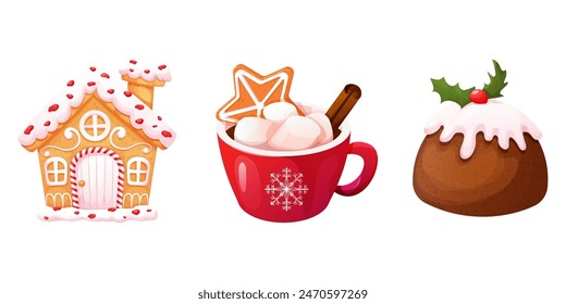 Set Traditional Pudding, Christmas cake, gingerbread house and cup with hot chocolate,winter dessert, pastry with cream, icing and decoration, textured and detailed isolated on white background.