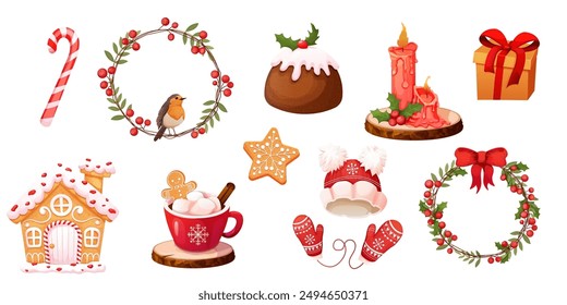 Set Traditional Pudding, Christmas cake, gingerbread cookies, cup with hot chocolate,winter dessert, pastry with cream, candle, garland winter sweater