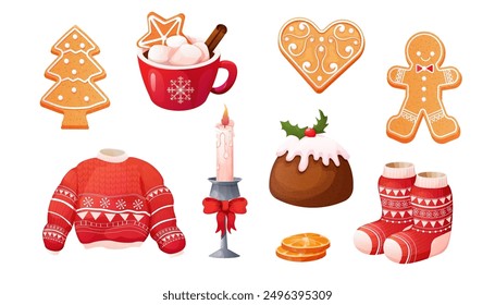 Set Traditional Pudding, Christmas cake, gingerbread cookies, cup with hot chocolate,winter dessert, pastry with cream, candle, garland winter sweater