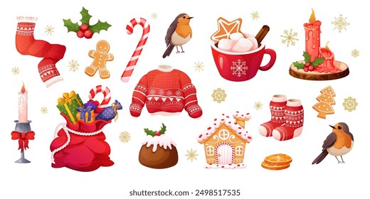 Set Traditional Pudding, Christmas cake, gingerbread cookies, cup with hot chocolate,winter dessert, pastry with cream, candle, garland winter sweater