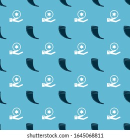 Set Traditional ram horn, shofar and Jewish coin on hand on seamless pattern. Vector