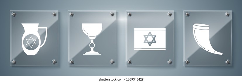 Set Traditional ram horn, shofar, Flag of Israel, Jewish goblet and Decanter with star of david. Square glass panels. Vector