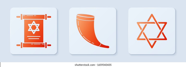 Set Traditional ram horn, shofar, Torah scroll and Star of David. White square button. Vector