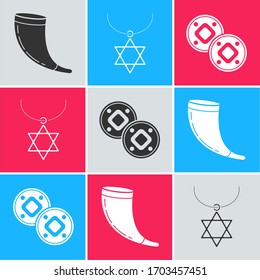 Set Traditional ram horn, shofar, Star of David necklace on chain and Jewish coin icon. Vector