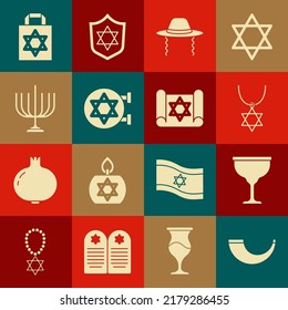 Set Traditional ram horn, shofar, Jewish goblet, Star David necklace chain, Orthodox jewish hat, synagogue, Hanukkah menorah, Shopping bag with star david and Torah scroll icon. Vector