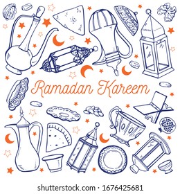 Set of traditional Ramadan objects and Iftar food. Decorative lamps, utensils and plates. Title Generous Ramadan in Arabic. Hand drawn outline vector sketch illustration