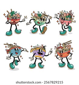 Set of Traditional Ramen Japanese Food Cartoon Illustration with Varied Poses and Expressions