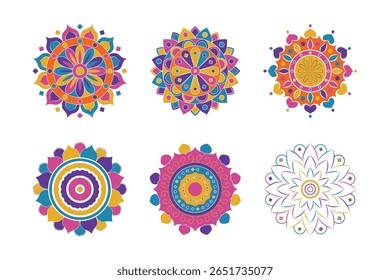 Set of traditional Rangoli pattern. Vector illustration of mandala with geometric shapes and floral designs