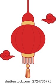 Conjunto de lanternas tradicionais chinesas vermelhas com borlas douradas e nuvens auspiciosas. Símbolos de iluminação oriental clássicos para Ano Novo Lunar, Festival de outono e celebrações culturais asiáticas.
