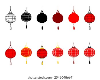Conjunto de faroles redondos rojos tradicionales en diferentes estilos. Festival de linternas, Año Nuevo chino, Año Nuevo lunar, vacaciones del festival. Elemento de diseño de arte, oriental. Lámpara de papel. Celebración asiática, calle