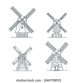 Set of traditional rural windmill in linear style. Design elements for logo, emblem or banner. Vector illustration