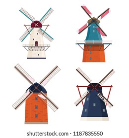 Set of traditional rural windmill on white background. Vector illustration