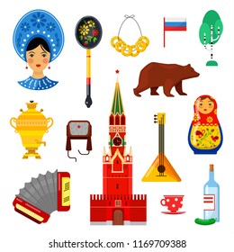 Set of traditional Russian attributes on white backgrounds