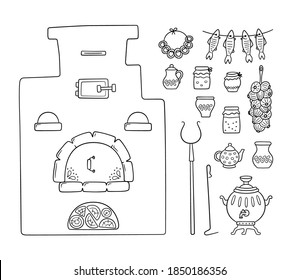 Set with traditional Russian stove, samovar, grip, pots, jug, bunch of onions and dried fish. Vector hand drawn illustration on white background
