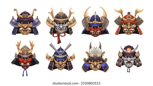 Conjunto de cascos samurái tradicionales. Máscaras japonesas de demonios orientales. Armaduras guerreras asiáticas para soldados medievales en Japón. Iconos de armadura Ninja. Ilustraciones vectoriales aisladas planas sobre fondo blanco