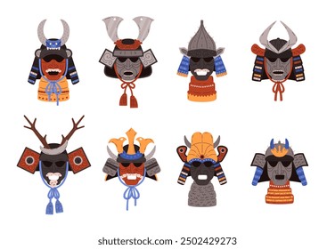 Set of traditional samurai masks, made in vector. Each mask features a unique design in vibrant colors, symbolizing Japanese warrior culture, presented in a flat style.