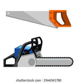 set of traditional saw and chainsaw vector flat design