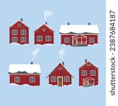 Set of the traditional Scandinavian countryside houses with snow and Christmas decorations. Flat vector illustration. 