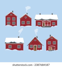 Ubicado en las tradicionales casas de campo escandinavas con decoración de nieve y Navidad. Ilustración vectorial plana. 