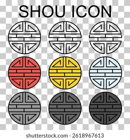 Conjunto de ícone tradicional shou, símbolo plano espiritual, ilustração vetor asiática .