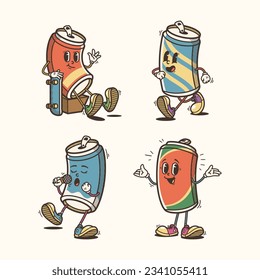 Set of Traditional Soda Can Cartoon Illustration with Varied Poses and Expressions