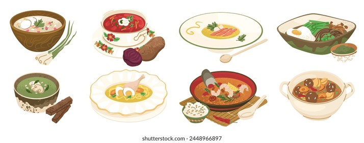 A set of traditional soups from around the world. Cold, hot, creamy, noodle and spicy broths. Eating at home and in a restaurant. Vector illustration isolated on transparent background.