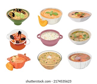Set of traditional soups in bowls on white background