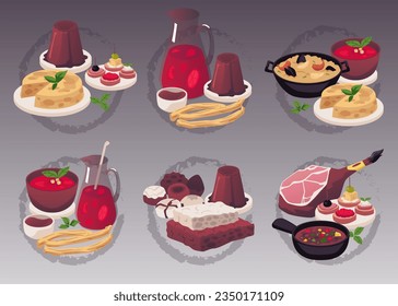 Set of traditional Spanish dishes flat style, vector illustration isolated on gradient background. Decorative design elements collection for restaurant or cafe menu, sangria and paella, desserts