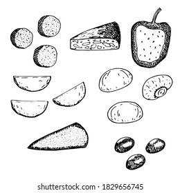 Set of traditional Spanish tapas, vector illustration, croquettes, tortilla, stuffed peppers, patatas bravas, mushrooms, grilled cheese, olives, hand drawing