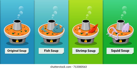 Set of Traditional spicy Thai herb soup on hot pot, vector