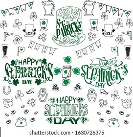 Set of traditional St. Patrick's day symbols. vector set of flags, beer mugs, clover, pub decorations, leprechaun hat, pot with gold coins. Vector illustration isolated on white background