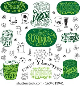 A set of traditional St. Patrick's day symbols. Vector collection of flags, beer mugs, clover, pub decorations, leprechaun hat, pot with gold coins and handwritten greeting messages.  isolated