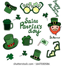 Set of traditional St. Patrick's Day symbols. Vector collection of flags, beer mugs, clover, pub decorations, gnome hat, stylish glasses. Vector hand-drawn illustration on a white background.