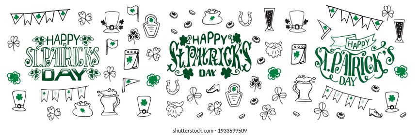 Set of traditional St. Patrick's Day symbols.Vector collection of flag icons, beer mugs, clover, pub decorations, leprechaun hats isolated on white background. Horizontal illustration in doodle style.