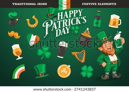 Set of traditional St. Patrick's Day symbols and flat graphic style elements for holiday celebration design projects. Vector illustrations collection.