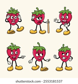 Set of Traditional Strawberry Cartoon Illustration with Varied Poses and Expressions