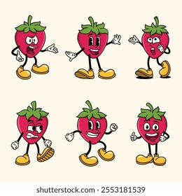 Set of Traditional Strawberry Cartoon Illustration with Varied Poses and Expressions