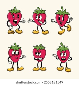 Set of Traditional Strawberry Cartoon Illustration with Varied Poses and Expressions