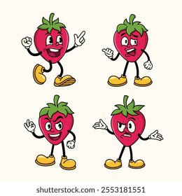 Set of Traditional Strawberry Cartoon Illustration with Varied Poses and Expressions