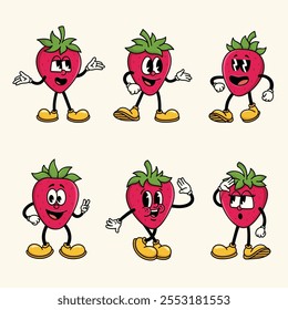 Set of Traditional Strawberry Cartoon Illustration with Varied Poses and Expressions