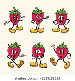 Set of Traditional Strawberry Cartoon Illustration with Varied Poses and Expressions