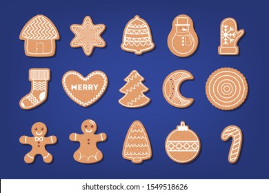 Set of traditional sweet baked christmas cookie. Gingerbread for celebration table. Delicious dessert. Isolated flat illustration