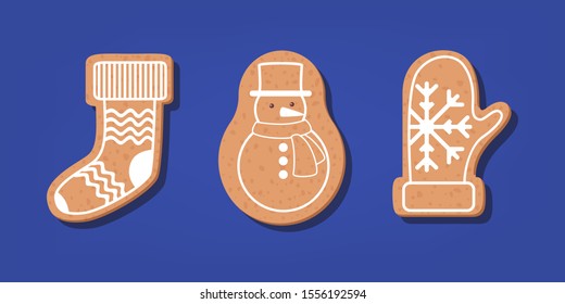 Set of traditional sweet baked christmas cookie. Gingerbread for celebration table. Delicious dessert. Isolated flat illustration