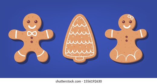 Set of traditional sweet baked christmas cookie. Gingerbread for celebration table. Delicious dessert. Isolated flat illustration