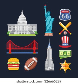 Set of traditional symbols of architecture and culture of the USA. Vector illustrations in flat style