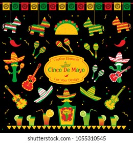 Set of traditional symbols for cinco de mayo fiesta. Sombrero and maracas, tequila bottle and cocktails, taco and pinata also cactus mariachi. Festive vector illustration for event on cinco de mayo.