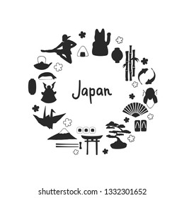 Set of traditional symbols of Japan. Isolated hand-drawn japanese silhouettes of geisha, ninja,fan, bamboo, koi fish, samurai, onigiri, sushi maki, origami, lucky cat, lantern,gate on white background