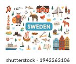 Set of traditional symbols of Sweden and Stockholm isolated on white background. Bundle of Swedish animals, Scandinavian architecture, food, viking, fish and ship. Colored flat vector illustration