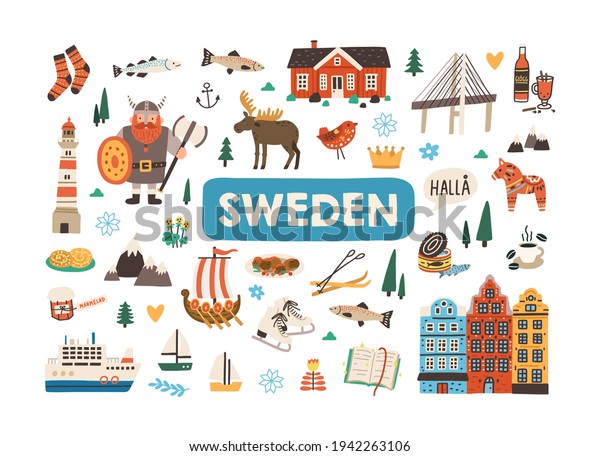 Set of traditional symbols of Sweden and
Stockholm isolated on white background. Bundle of Swedish animals,
Scandinavian architecture, food, viking, fish and ship. Colored
flat vector illustration